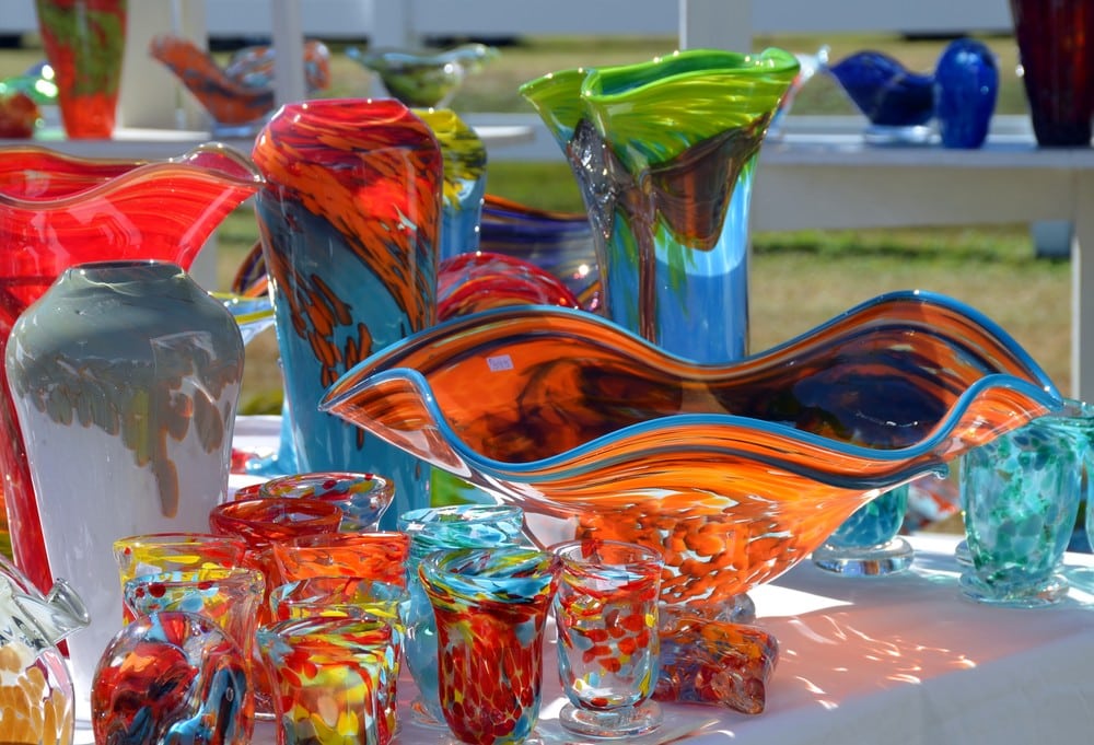a group of glass bottles on a table